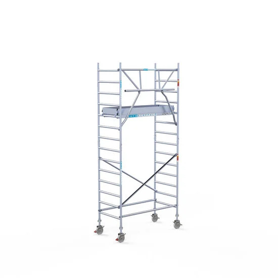 Alumīnija tornis 90х190 cm 5,2m darba augstums* ar oglekļa platformu + salokāmas margas no 1 puses Alumīnija tornis 90х190 cm 5,2m darba augstums* ar oglekļa platformu + salokāmas margas no 1 puses