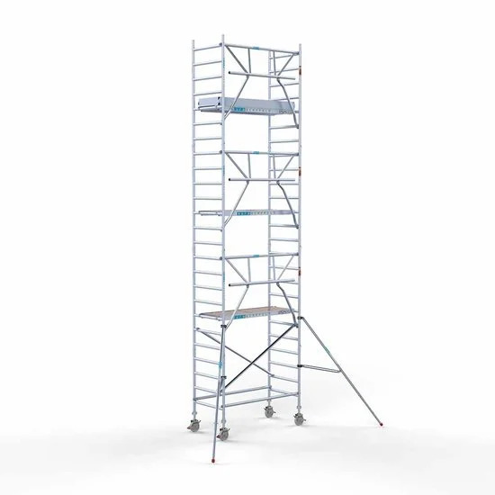 Alumīnija tornis 90х190 cm cm 8,2m darba augstums* ar oglekļa platformu + salokāmas margas no 1 puses Alumīnija tornis 90х190 cm cm 8,2m darba augstums* ar oglekļa platformu + salokāmas margas no 1 puses