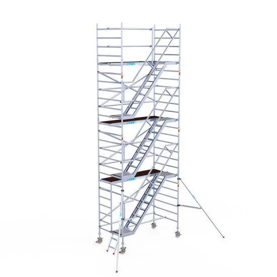Alumīnija tornis ar trepēm 135х250 cm 8,2m darba augstums* ar oglekļa platformu Alumīnija tornis ar trepēm 135х250 cm 8,2m darba augstums* ar oglekļa platformu
