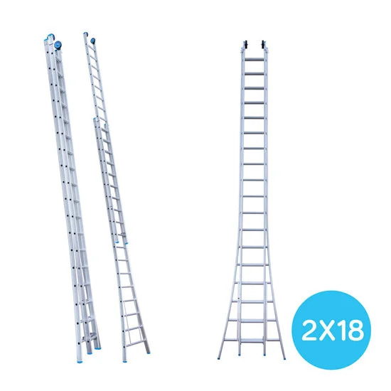 Divu sekciju platas kāpnes 2x18 + fasades riteņi Divu sekciju platas kāpnes 2x18 + fasades riteņi