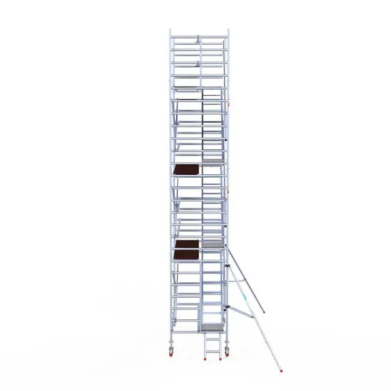 Alumīnija tornis ar trepēm 135х250 cm 8,2m darba augstums* ar oglekļa platformu Alumīnija tornis ar trepēm 135х250 cm 8,2m darba augstums* ar oglekļa platformu