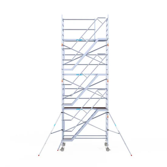 Alumīnija tornis ar trepēm 135х250 cm 8,2m darba augstums* ar oglekļa platformu Alumīnija tornis ar trepēm 135х250 cm 8,2m darba augstums* ar oglekļa platformu