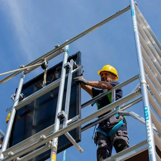 Alumīnija tornis 135х305 cm 12,2m darba augstums* ar liftu saules paneļiem + jumta malu aizsardzībа Safeguard Alumīnija tornis 135х305 cm 12,2m darba augstums* ar liftu saules paneļiem + jumta malu aizsardzībа Safeguard
