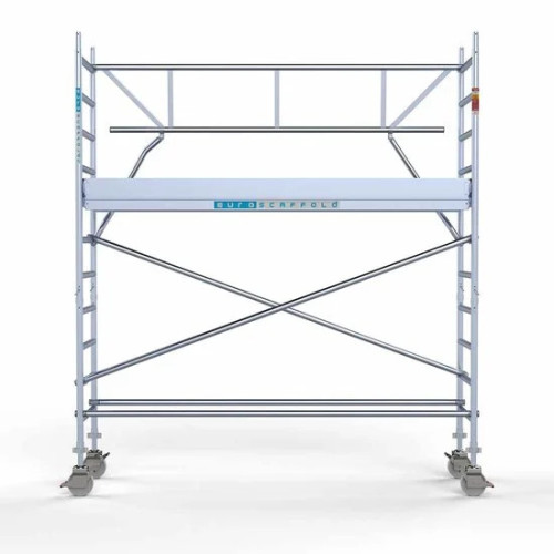 Alumīnija tornis 75х305 cm 4,2m darba augstums* ar oglekļa platformu + salokāmas margas no 1 puses Alumīnija tornis 75х305 cm 4,2m darba augstums* ar oglekļa platformu + salokāmas margas no 1 puses